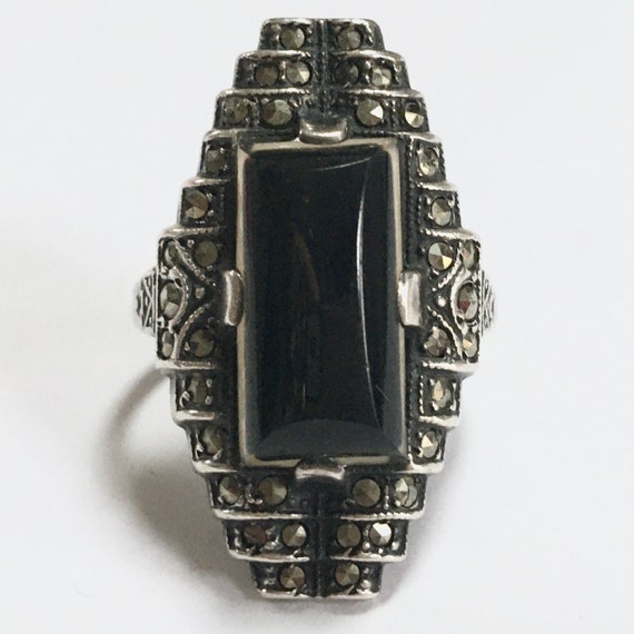 Art Deco Black Onyx & Marcasite Sterling Silver R… - image 1