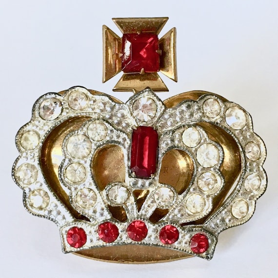 Art Deco Coronation Crown Brooch – Pot Metal & Br… - image 1