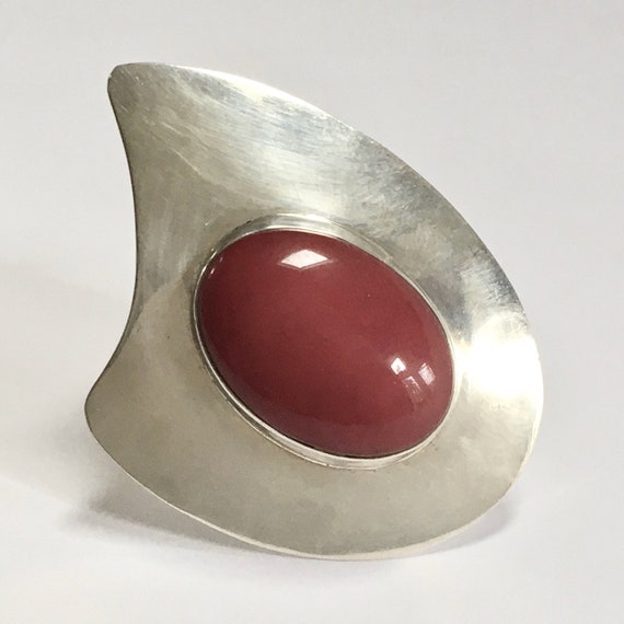 Mexico 925 Sterling Silver Modernist Brooch – Red… - image 1