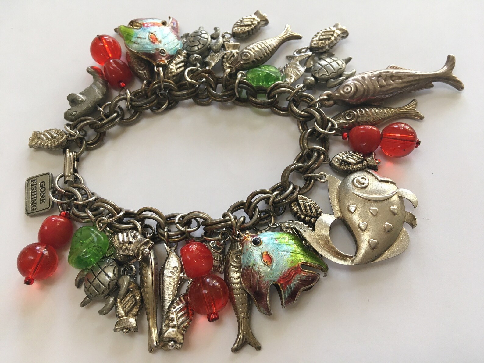 Fish Charm Bracelet Fun Art Glass & Fishes Articulated Etsy