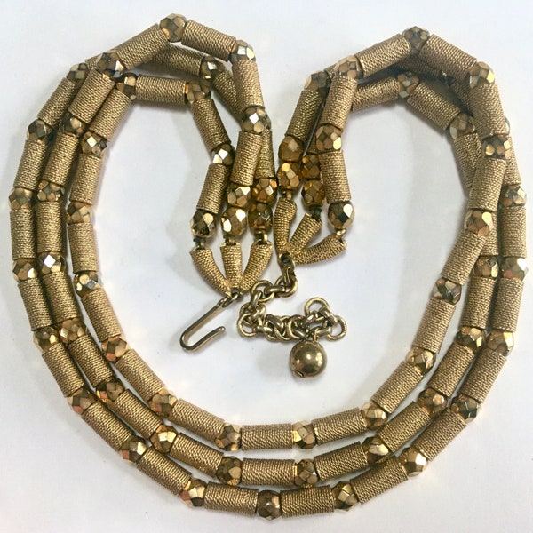 Crown Trifari Gold Aurum Bead Necklace – Three Strands – Multi Strand – Mid Century – 1950s