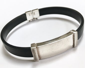 Slim Black Band 925 Sterling Silver Slide ID Bracelet – Sleek Minimalist Signed TMA China – 1990s