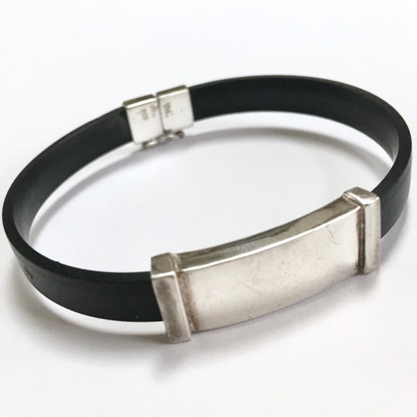 Slim Black Band 925 Sterling Silver Slide ID Bracelet – Sleek Minimalist Signed TMA China – 1990s