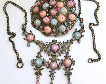 Filigree Enamel Flutted Gum Drop Pot Metal Festoon Necklace & Big Brooch – Antique Shoe Button Cabs – 1920s