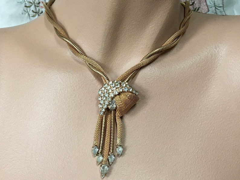 Gold Mesh Necklace Drippy Clear Crystal Rhinestones Fancy - Etsy