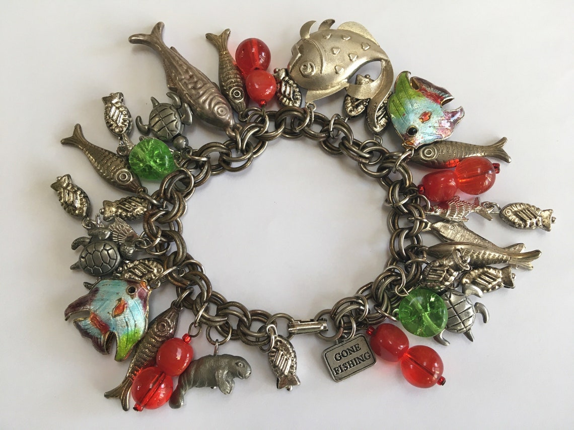Fish Charm Bracelet Fun Art Glass & Fishes Articulated Etsy