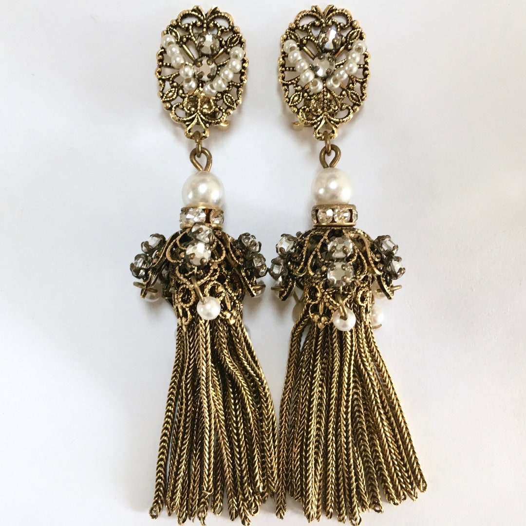 Czech Filigree Foxtail Chain Tassel Clip on Dangle Earrings Etsy