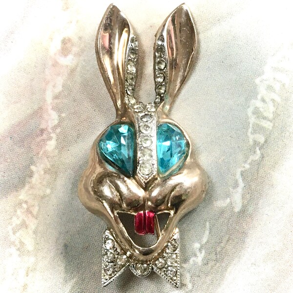 KARU Fifth Avenue Rabbit Brooch – Large Figural Easter Bunny Pin Big Aqua Rhinestone Eyes Pavé Rhinestone Bow – 1950s