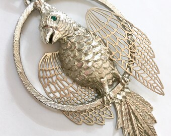 Large Macaw Parrot Pendant Necklace – Big Filigree Tropical Cockatiel Bird Perched on a Wire – 1970s