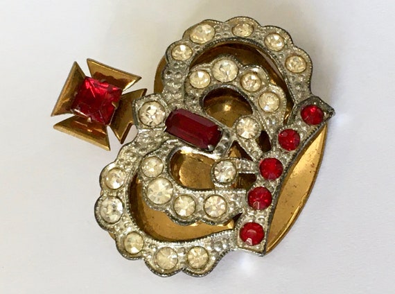 Art Deco Coronation Crown Brooch – Pot Metal & Br… - image 6