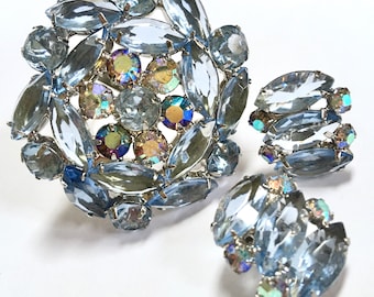 Juliana Blue Navettes AB Rhinestones Brooch Clip Earrings D&E Delizza Elster Demi Parure – 1950s