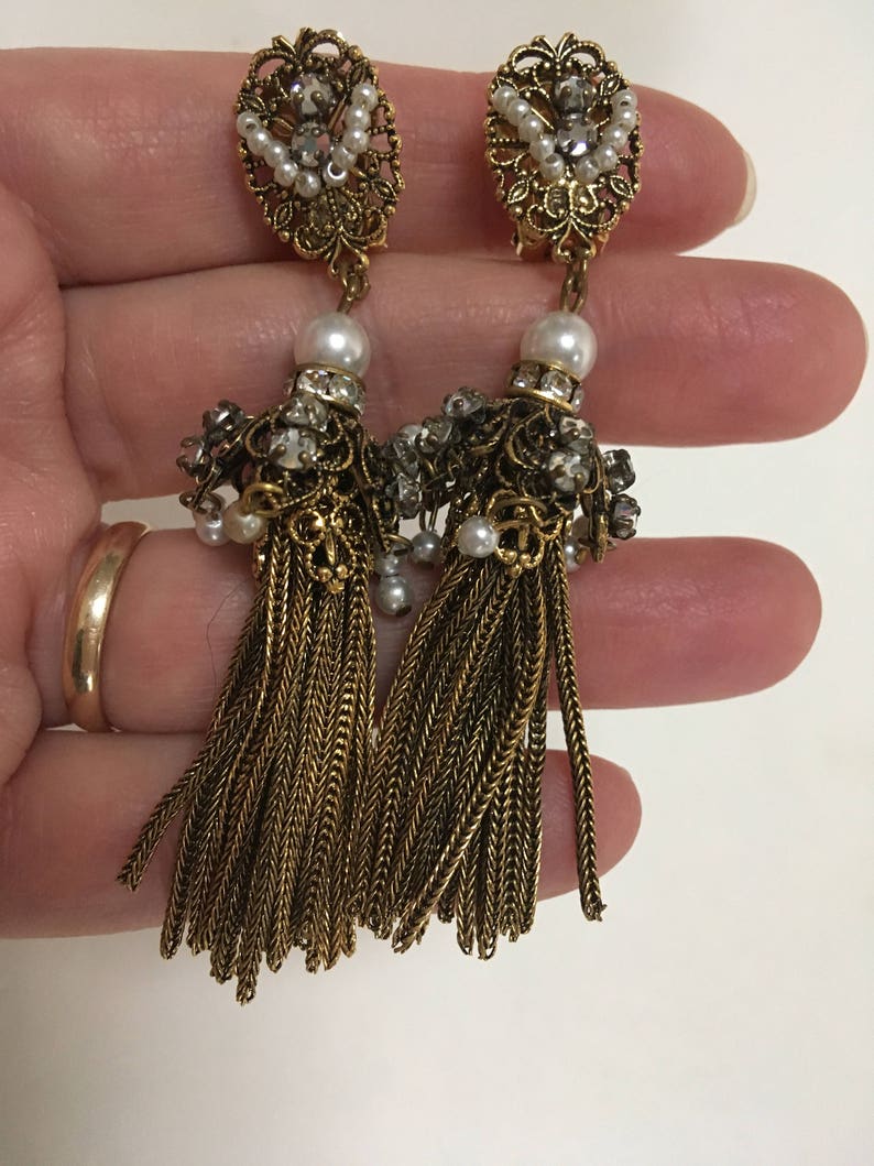 Czech Filigree Foxtail Chain Tassel Earrings Faux Pearl Etsy