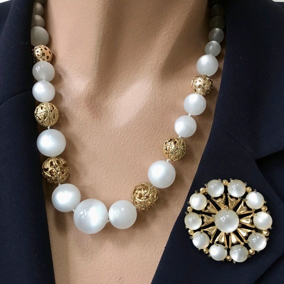 White Moonglow Lucite Beaded Necklace & Brooch Dem