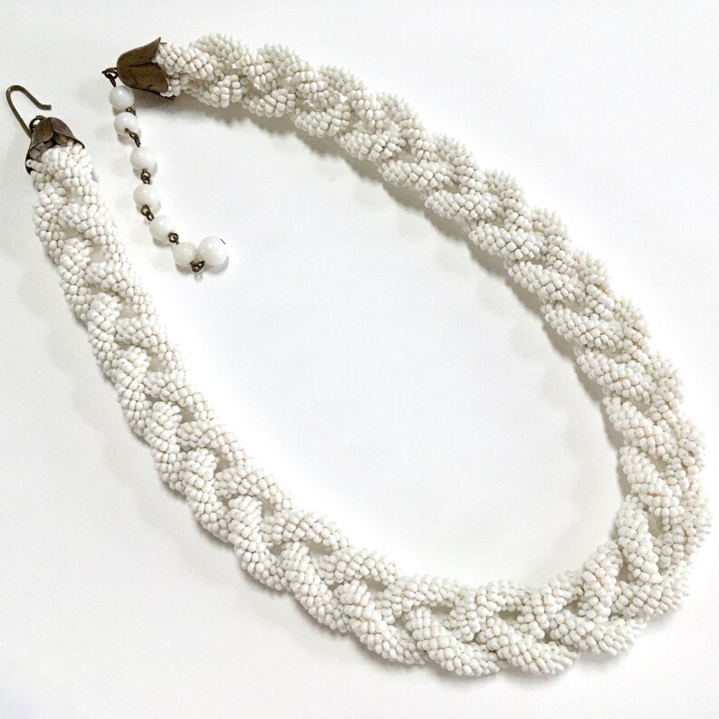 White Seed Bead Braided Rope Choker Necklace Milk Glass Beads Antique