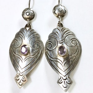 Silver Floral Etched Dangles Bezel Set Amethyst Gemstone Pendant Earrings Long 925 Sterling Silver 1970s image 1