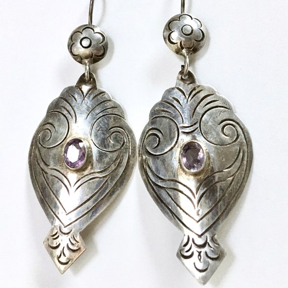 Silver Floral Etched Dangles – Bezel Set Amethyst… - image 1