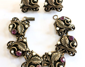 Repousse Brass Panel Bracelet & Clip Earrings Set – Purple Rhinestones – 1940s Jewelry