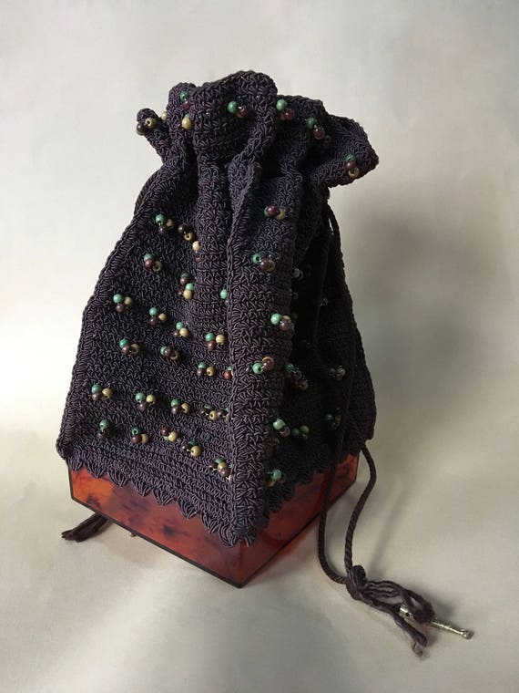 Crochet Drawstring Bag – Handmade Vintage Hand Bea