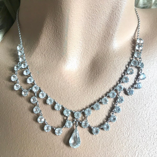 Bezel Set Antique Crystal Swag Necklace – Art Deco 12K 1/20 Gold Fill – Draped Crystals – 1930s