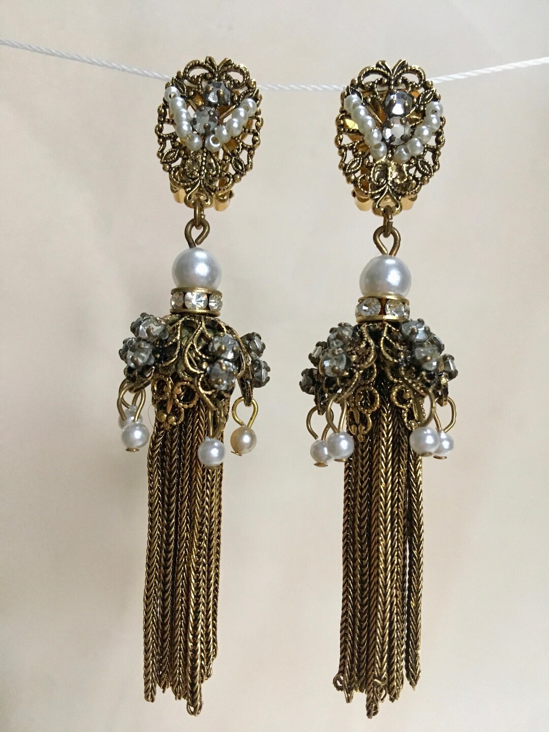 Czech Filigree Foxtail Chain Tassel Earrings Faux Pearl Etsy