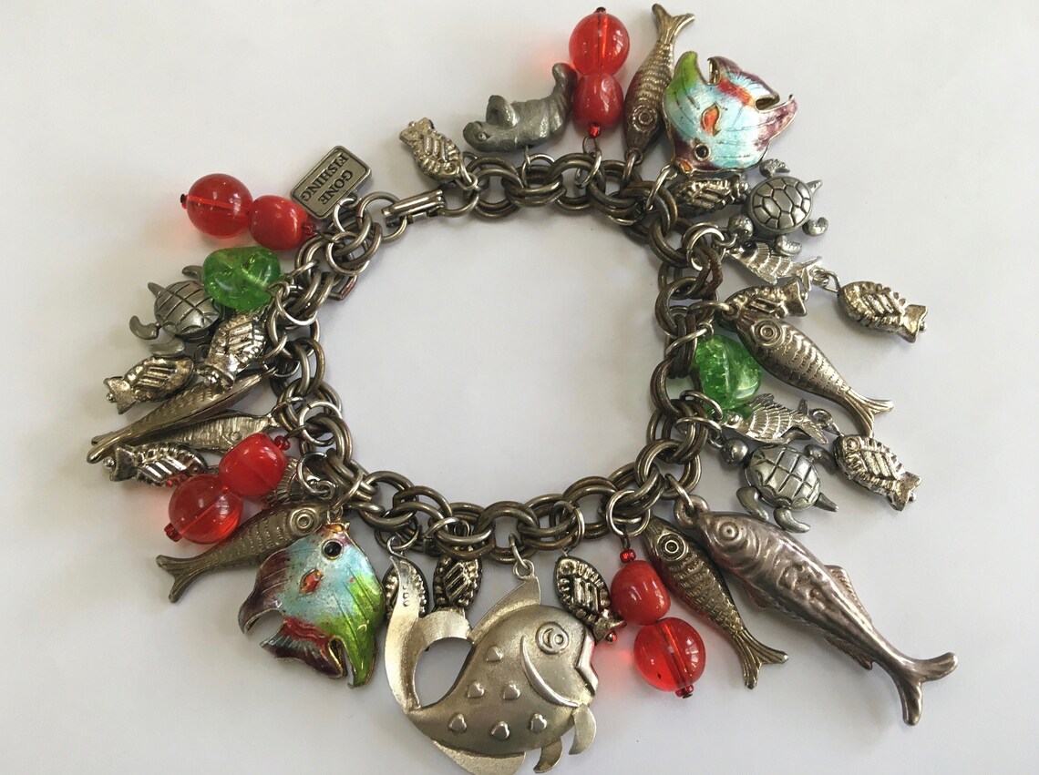 Fish Charm Bracelet Fun Art Glass & Fishes Articulated Etsy