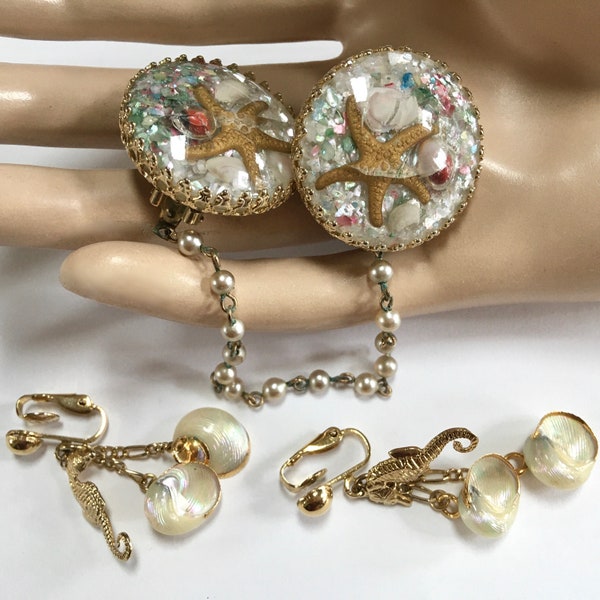 Seashell Sweater Guard Clips & Clip On Dangle Earrings Lot – Resin Starfish Confetti – Gold Tone Mid Century – 1960s
