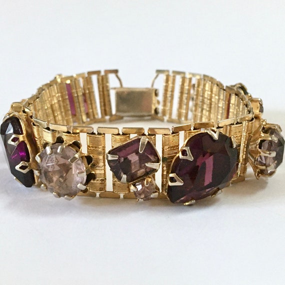 Purple Rhinestone Book Chain Bracelet – Gold Tone… - image 1