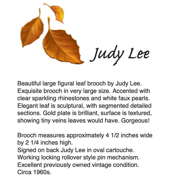 Large Judy Lee Leaf Brooch – Huge Gold Plate Faux… - image 2