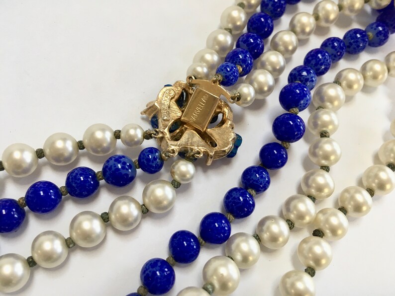 MARVELLA Faux Pearl & Lapis Bead Necklace Three Strands Etsy