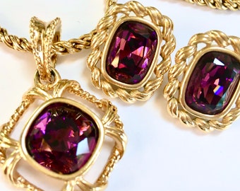 Emerald Cut Purple Quality Crystal Pendant Necklace Parure Post Pierced Earrings Set  – Designer Signed – 1980s