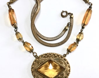 Czechoslovakia Necklace – Faceted Glass – Gilt Brass Filigree Czech – Antique Victorian Revival Pendant – Signed – 1920s