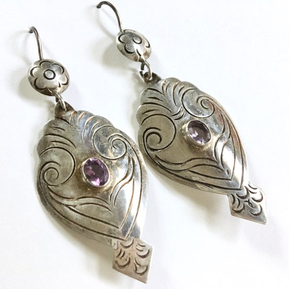 Silver Floral Etched Dangles – Bezel Set Amethyst… - image 3