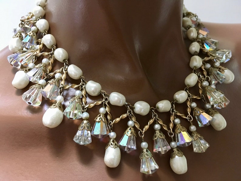 Vendome Crystal Pearl Drippy Fringe Collar Necklace White Etsy