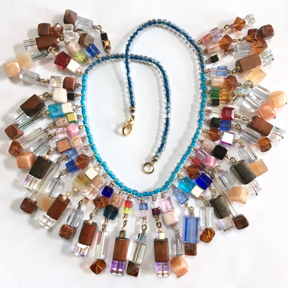 Colorful Crystal Cubes Wood Fringe Collar Necklac… - image 3