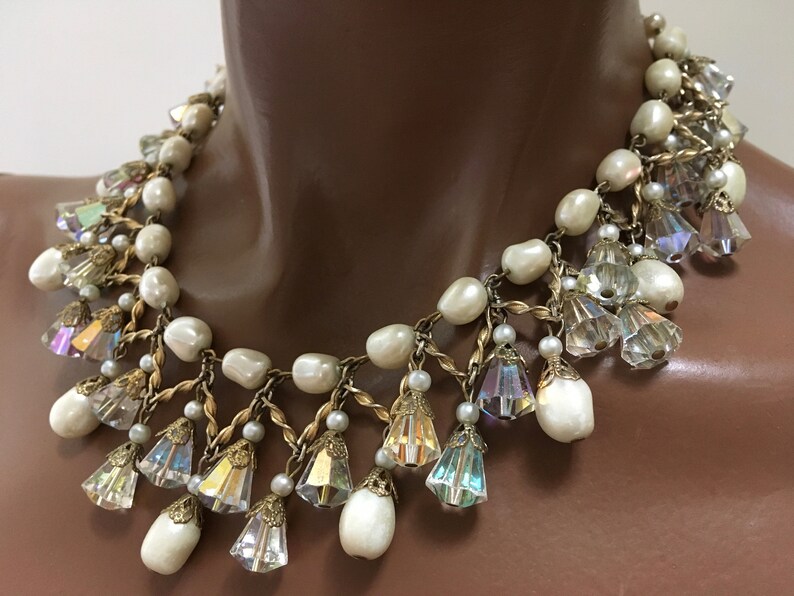 Vendome Crystal Pearl Drippy Fringe Collar Necklace \u2013 High End Costume \u2013 1950s Jewelry
