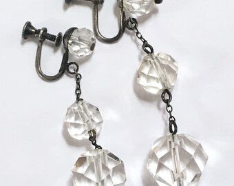 Art Deco Crystal Drop Screw Back Earrings – Sterling Silver Dangles – AS-IS – 1930s