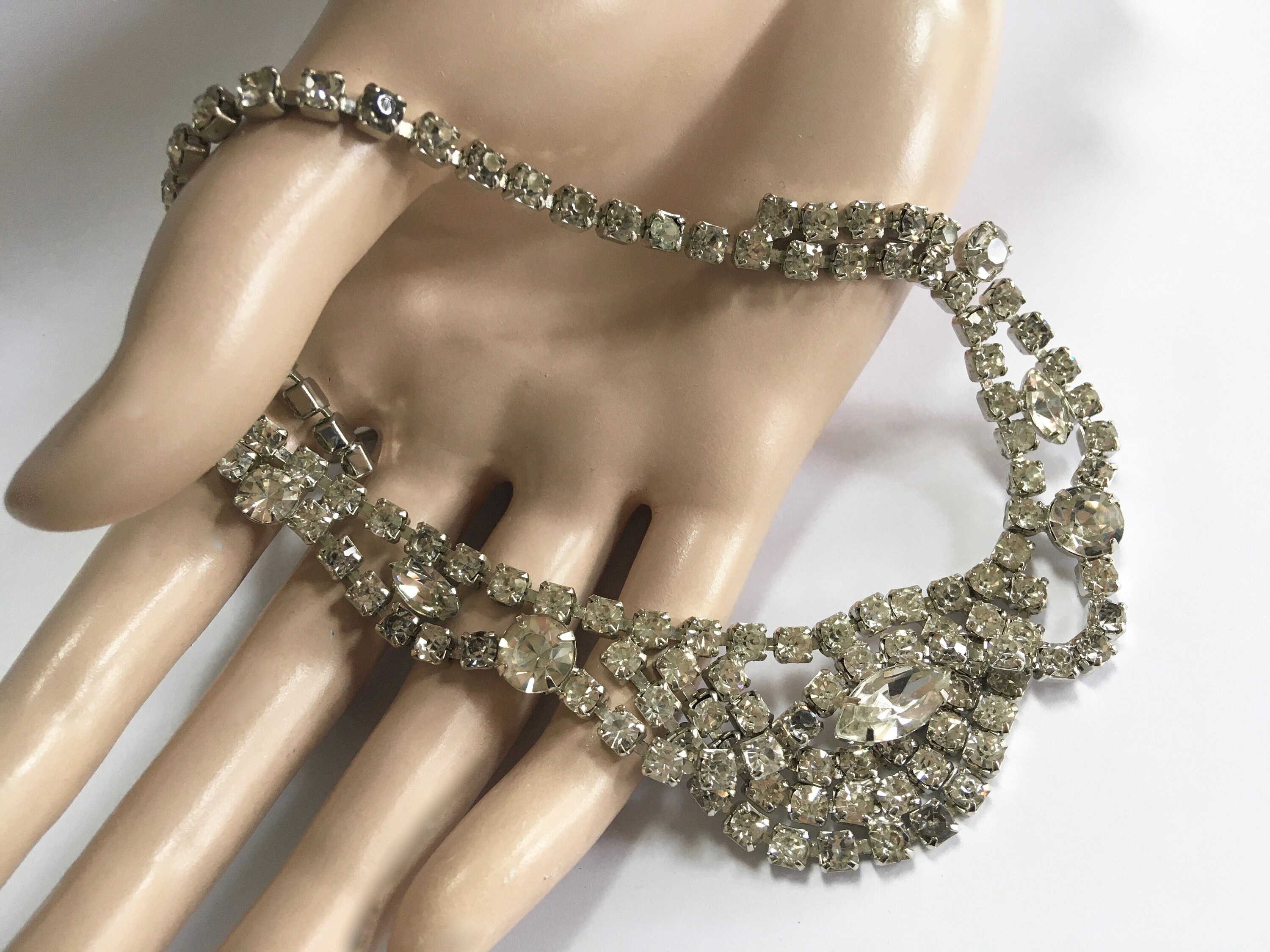 Art Deco Clear Rhinestone Swag Necklace Mid Century Silver Tone Draped