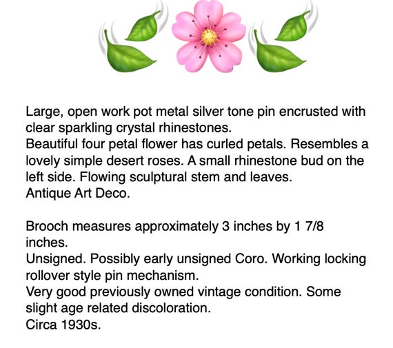 Art Deco Rhinestone Flower Rose Brooch – Big Anti… - image 2