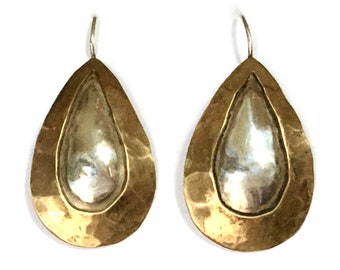 Marjorie Baer Modernist Hammered Mixed Metal Pierced Earrings – Signed MB SF 925 Sterling Silver  – 1970s