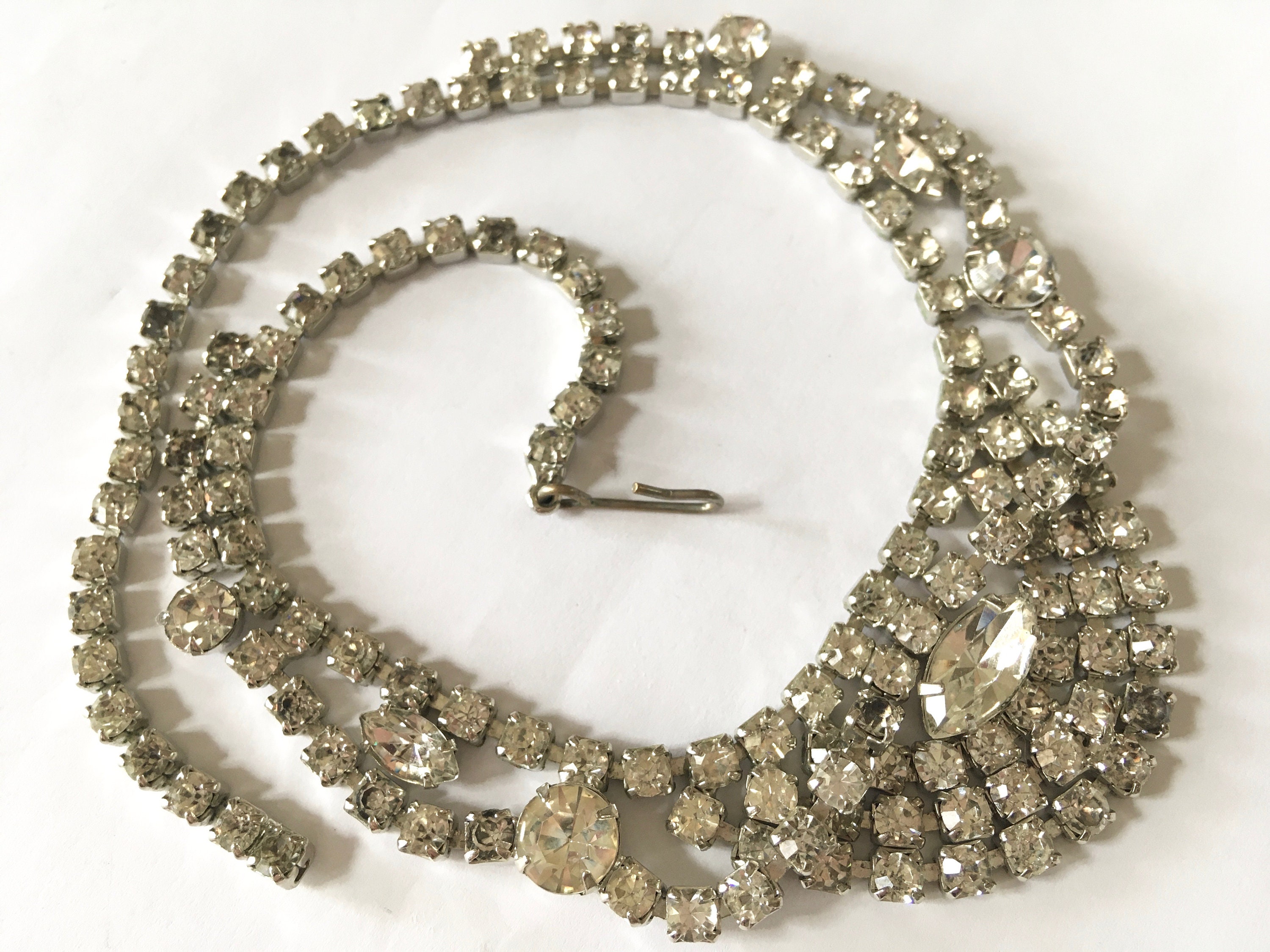 Art Deco Clear Rhinestone Swag Necklace Mid Century Silver Tone Draped