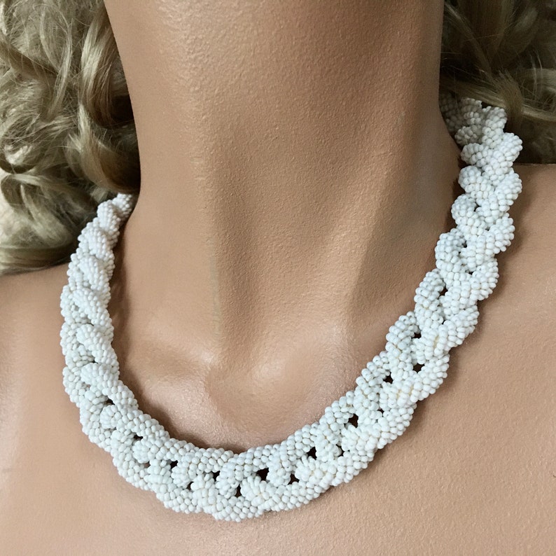 White Seed Bead Braided Rope Choker Necklace Milk Glass Beads Antique