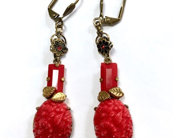 Czech Red Molded Glass Dangle Earrings – Floral Brass Antique Czechoslovakia Max Neiger – 1920s