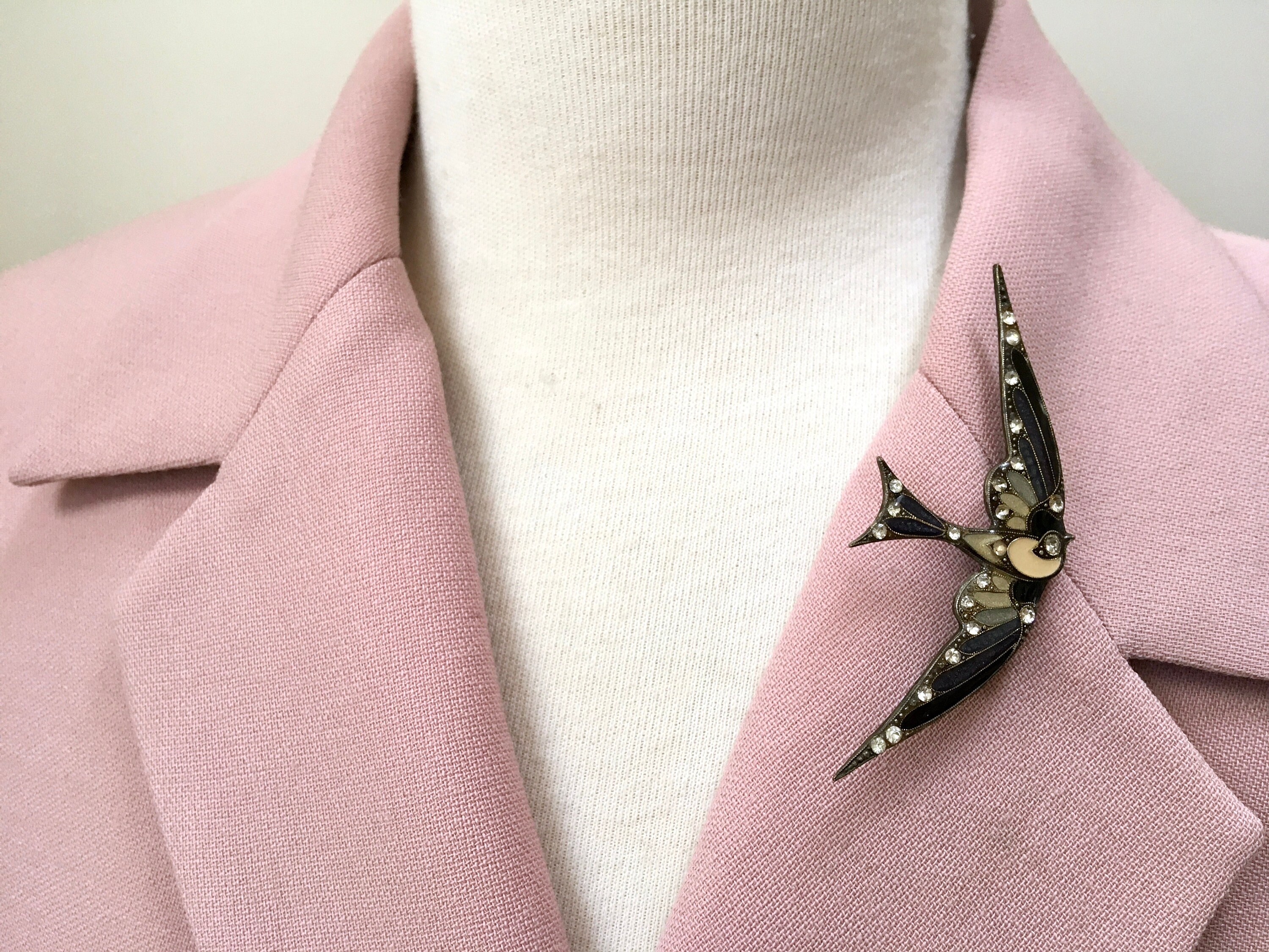 Enamel Swallow Bird Brooch Clear Rhinestones Deco French Trombone Clasp