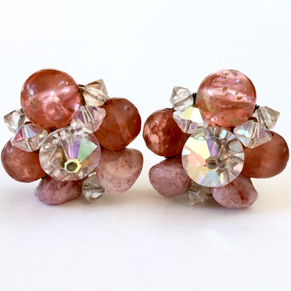 Pink Crystal Art Glass Cluster Clip On Earrings –… - image 3