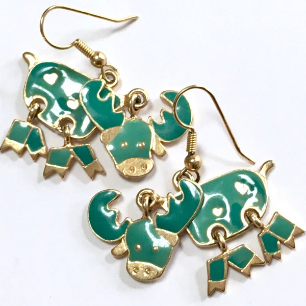 Adorable Articulated Moose Earrings – Cute Teal Blue Enamel & Gold Plate – Darling Movable Pierced Dangles – 1980s