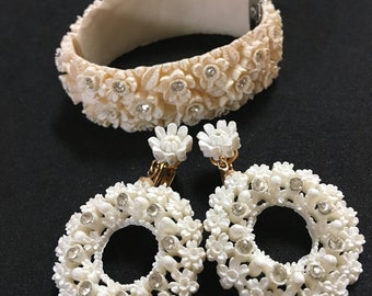 Floral Celluloid Hinged Clamper Bracelet & Dangle Hoop Clip Earrings Set – White Flowers – Rhinestones – 1950s