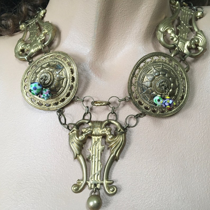 Medieval Brass Medallion Necklace Large Stamped Panels Linked Lyre Harp Breastplate Choker OOAK image 3