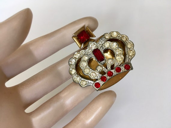 Art Deco Coronation Crown Brooch – Pot Metal & Br… - image 3
