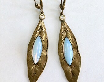 Brass Feather Dangle Drop Opaline Earrings – Long Teardrop Pierced Opalescent Art Glass Cabochons – Artisan Handmade – 1980s