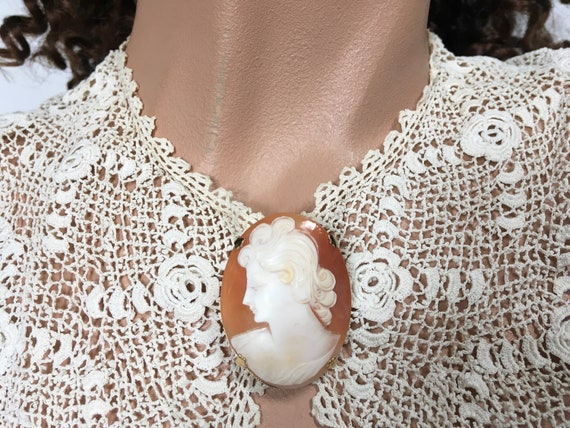 Carved Cameo Shell Portrait Brooch – Left Facing … - image 3